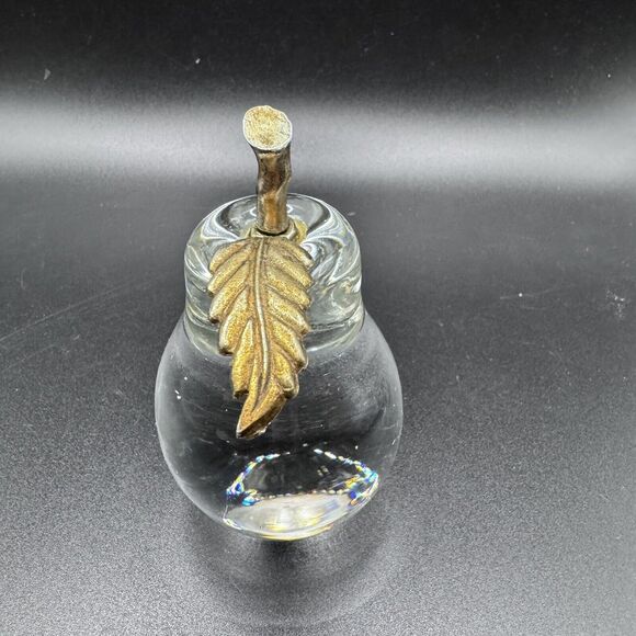 Vintage Clear Art Glass Pear Brass Leaf Paperweight Hand Blown Glass - Picture 3 of 9